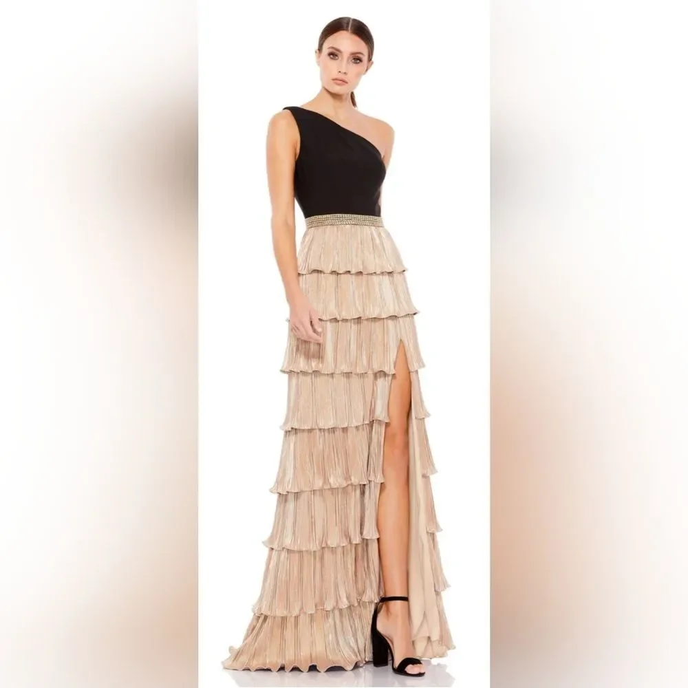 Mac Duggal ONE SHOULDER LAYERED METALLIC GOLD RUFFLE GOWN NWOT size 10 (26541)